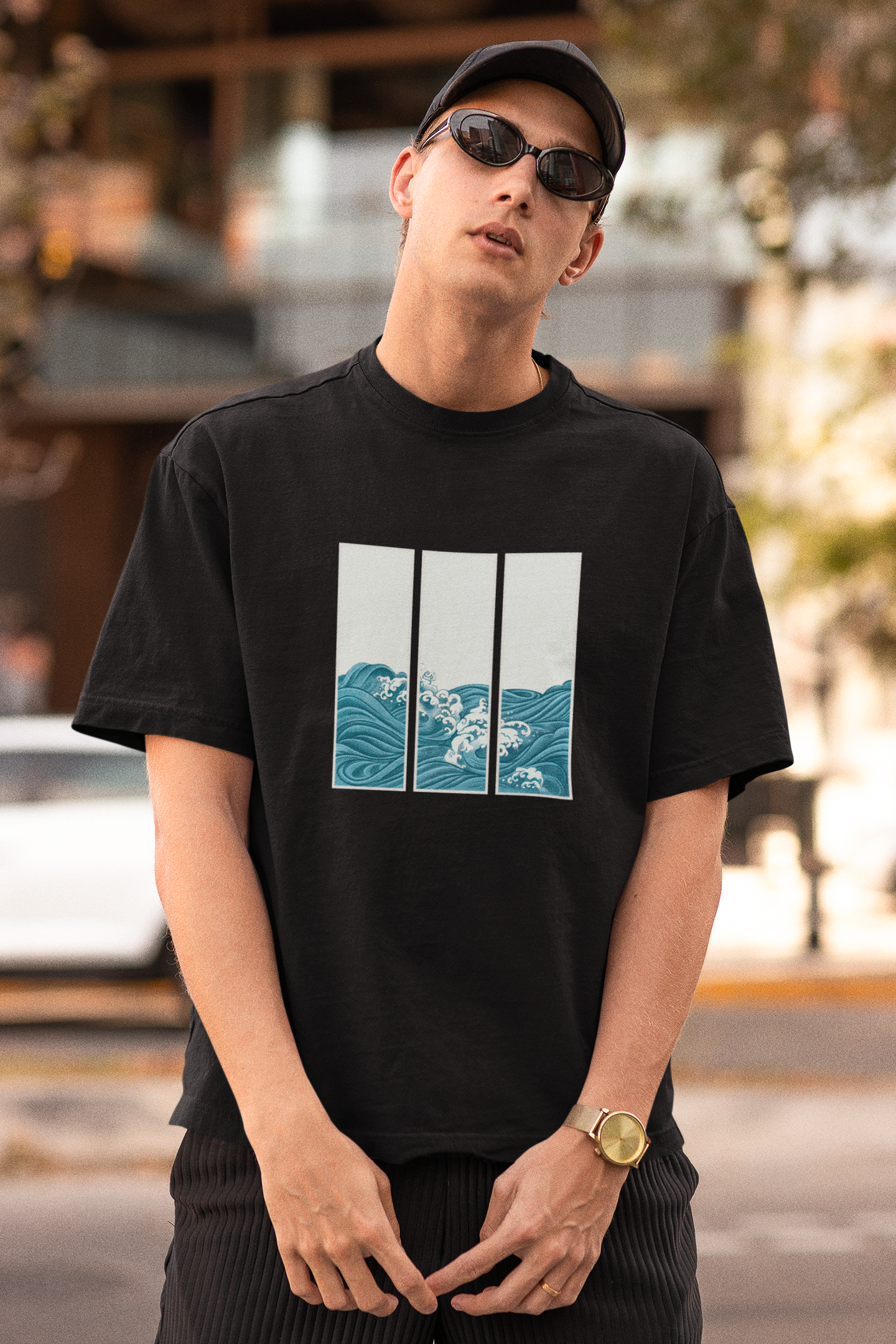 Midnight Wave Black Oversized Fit Unisex T-Shirt