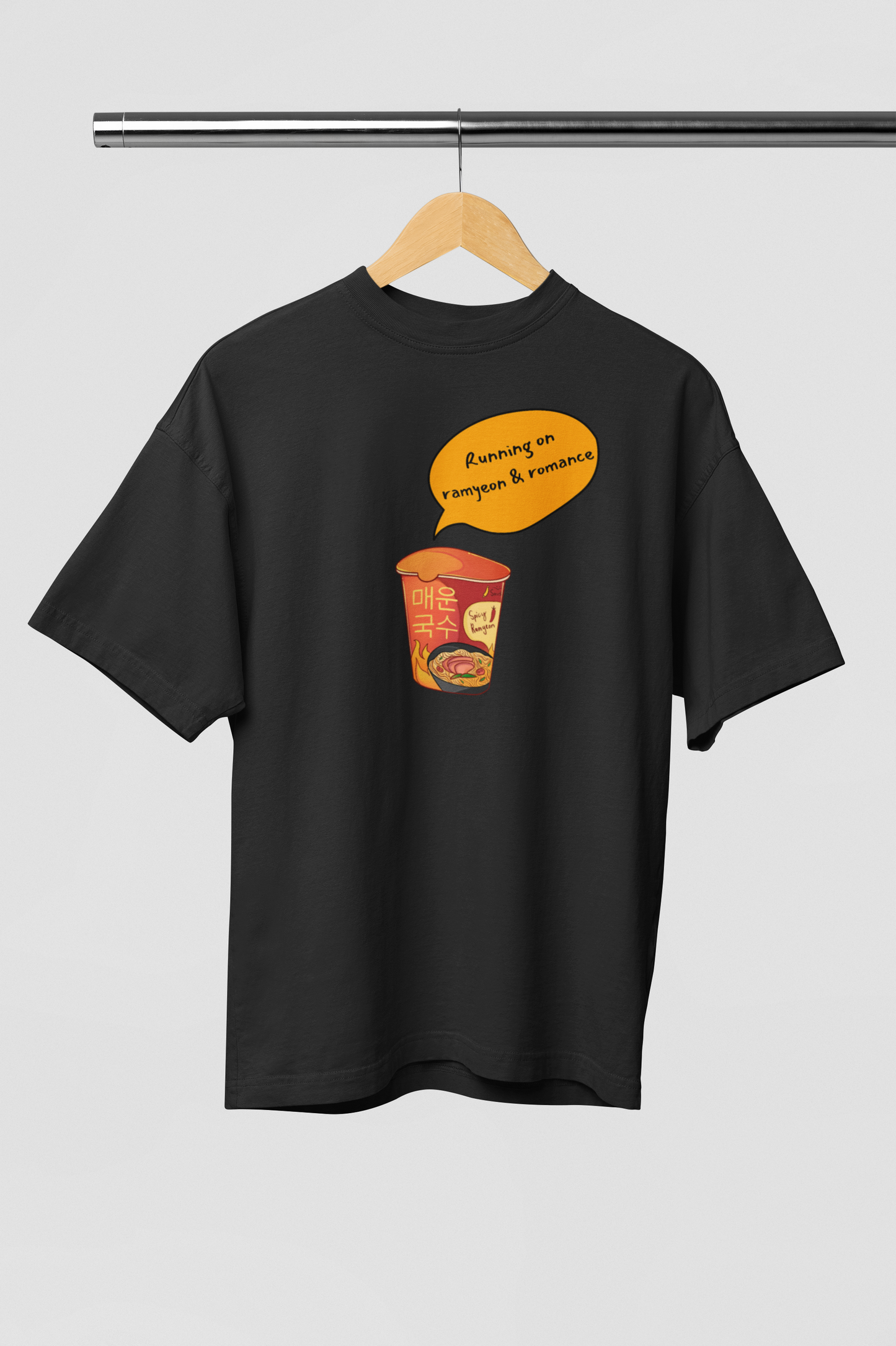 Running on Ramyeon & Romance Black Oversized Fit Unisex T-Shirt