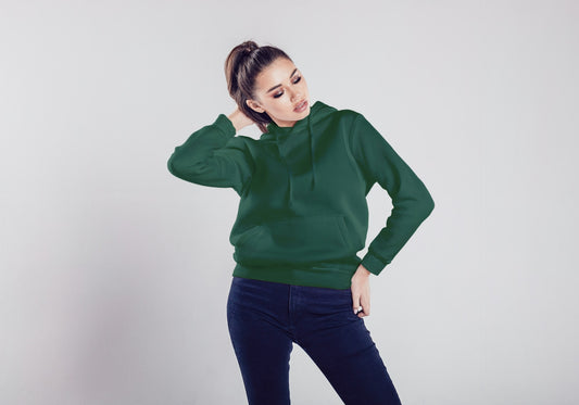 Bottle Green Solid Hooded Sweatshirt for Women