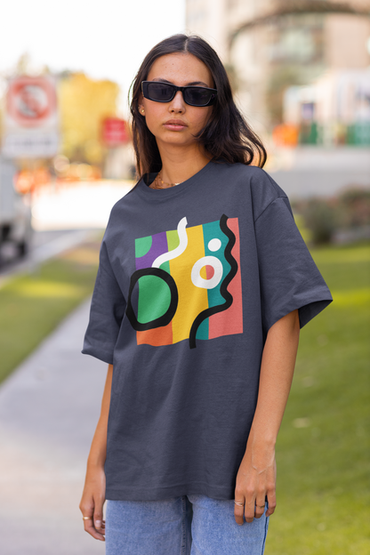 Abstract Colour Block Navy Blue Oversized T-Shirt