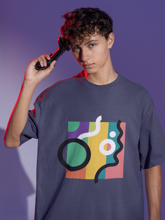 Abstract Colour Block Navy Blue Oversized T-Shirt