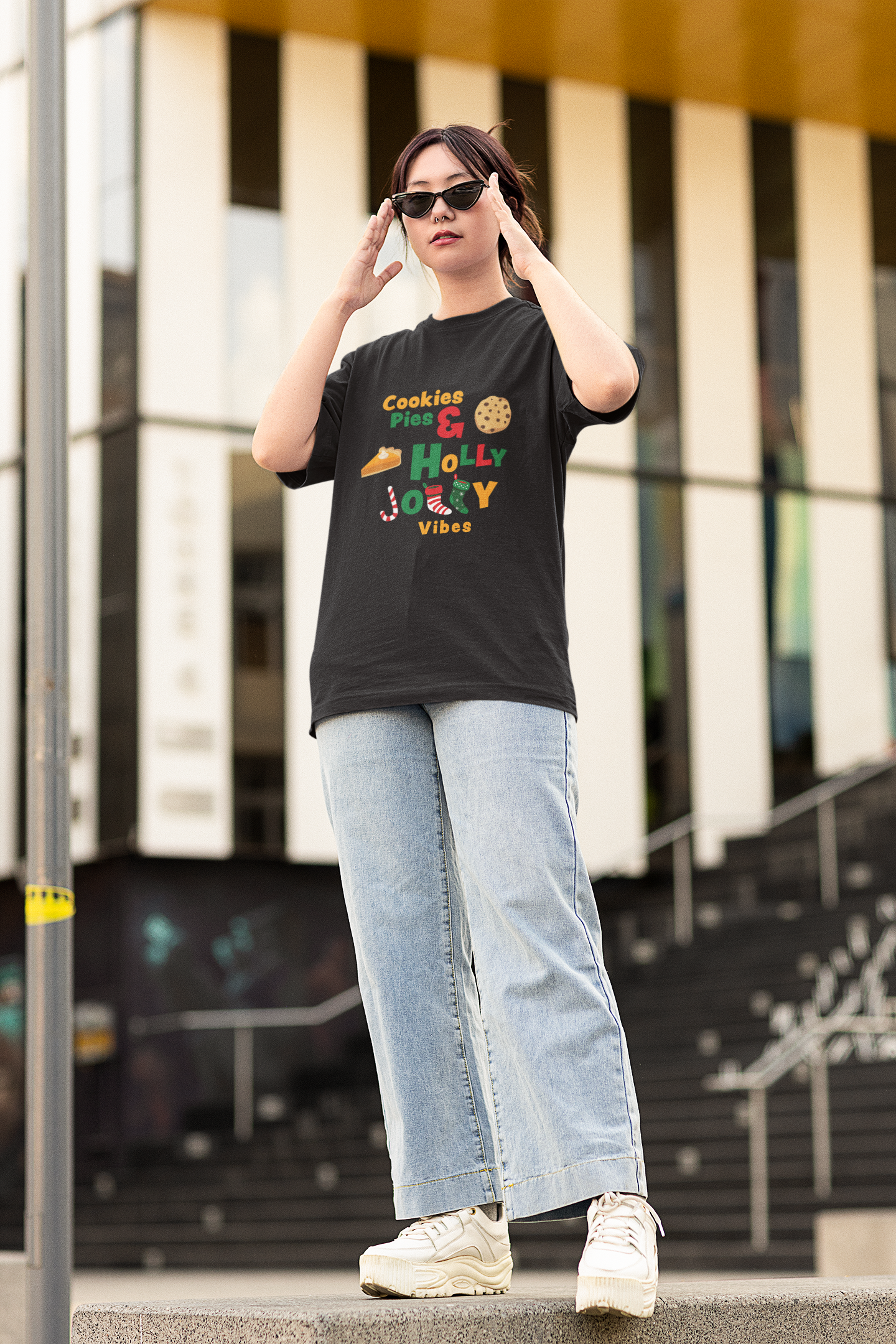 Holly Jolly Vibes Black Oversized T-Shirt