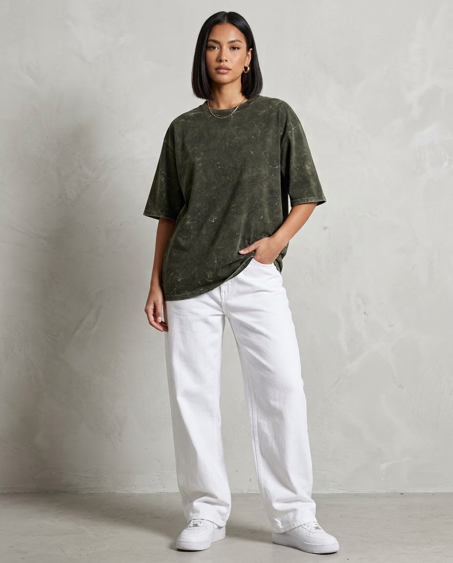 Olive Green Oversized Acid Wash T-shirt