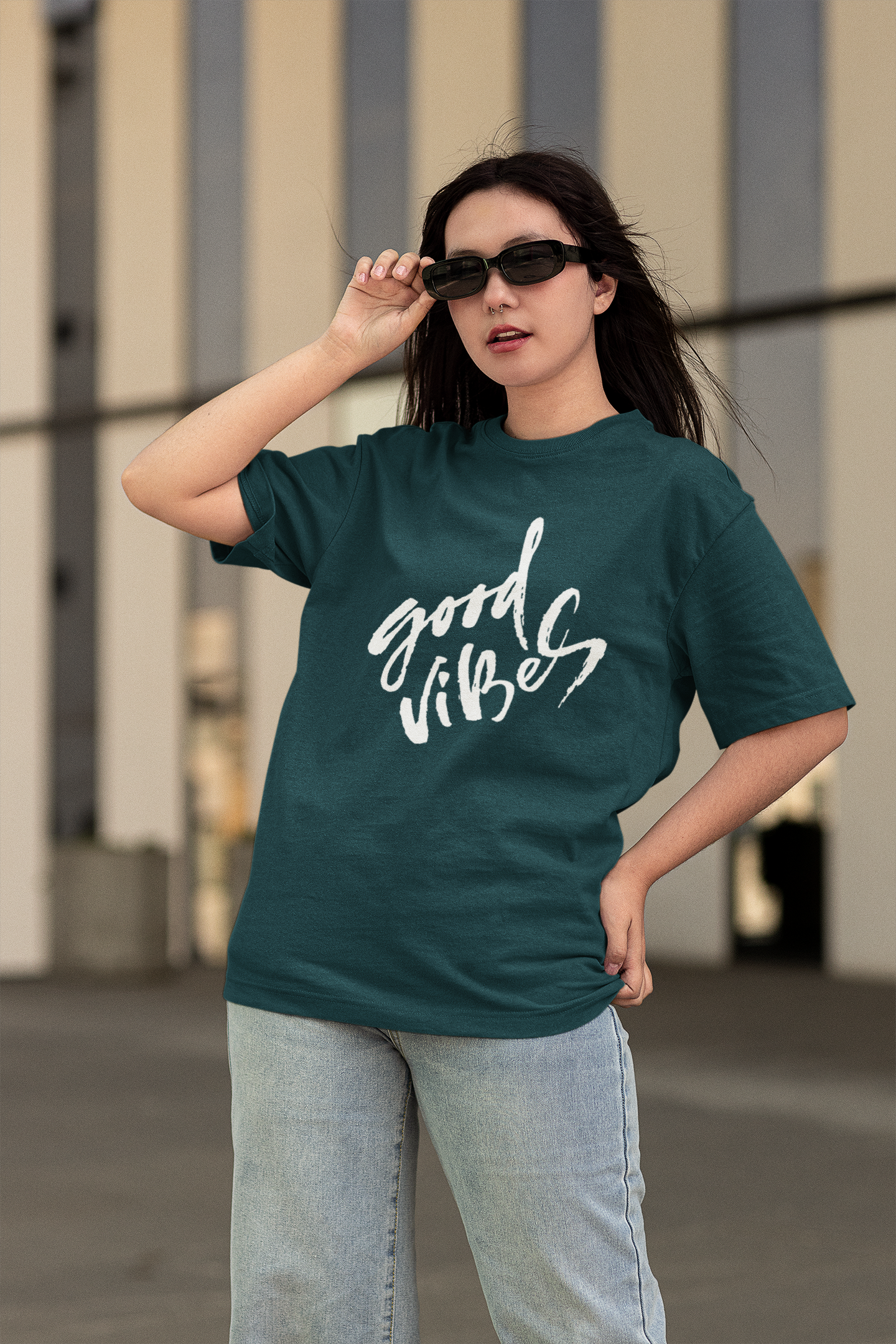 Good Vibes Petrol Blue Oversized Fit Unisex T-Shirt