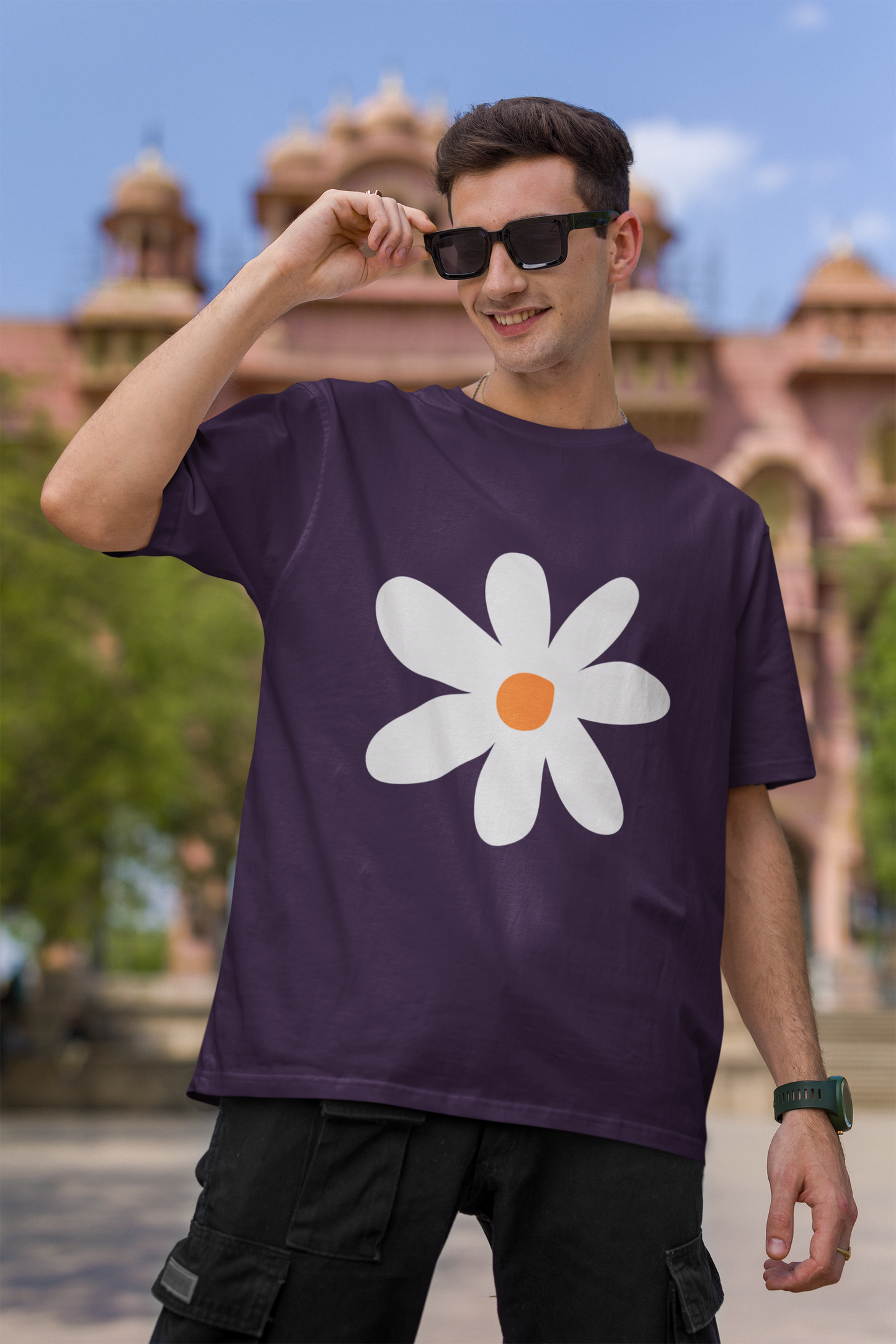 White Flower Purple Oversized T-Shirt