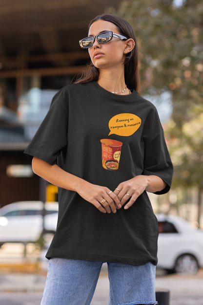 Running on Ramyeon & Romance Black Oversized Fit Unisex T-Shirt