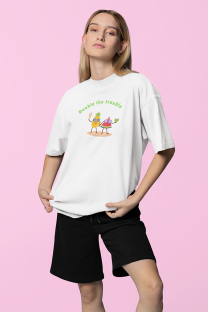 Double the Trouble White Oversized Fit Unisex T-Shirt
