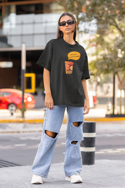 Running on Ramen & Romance Black Oversized Fit Unisex T-Shirt