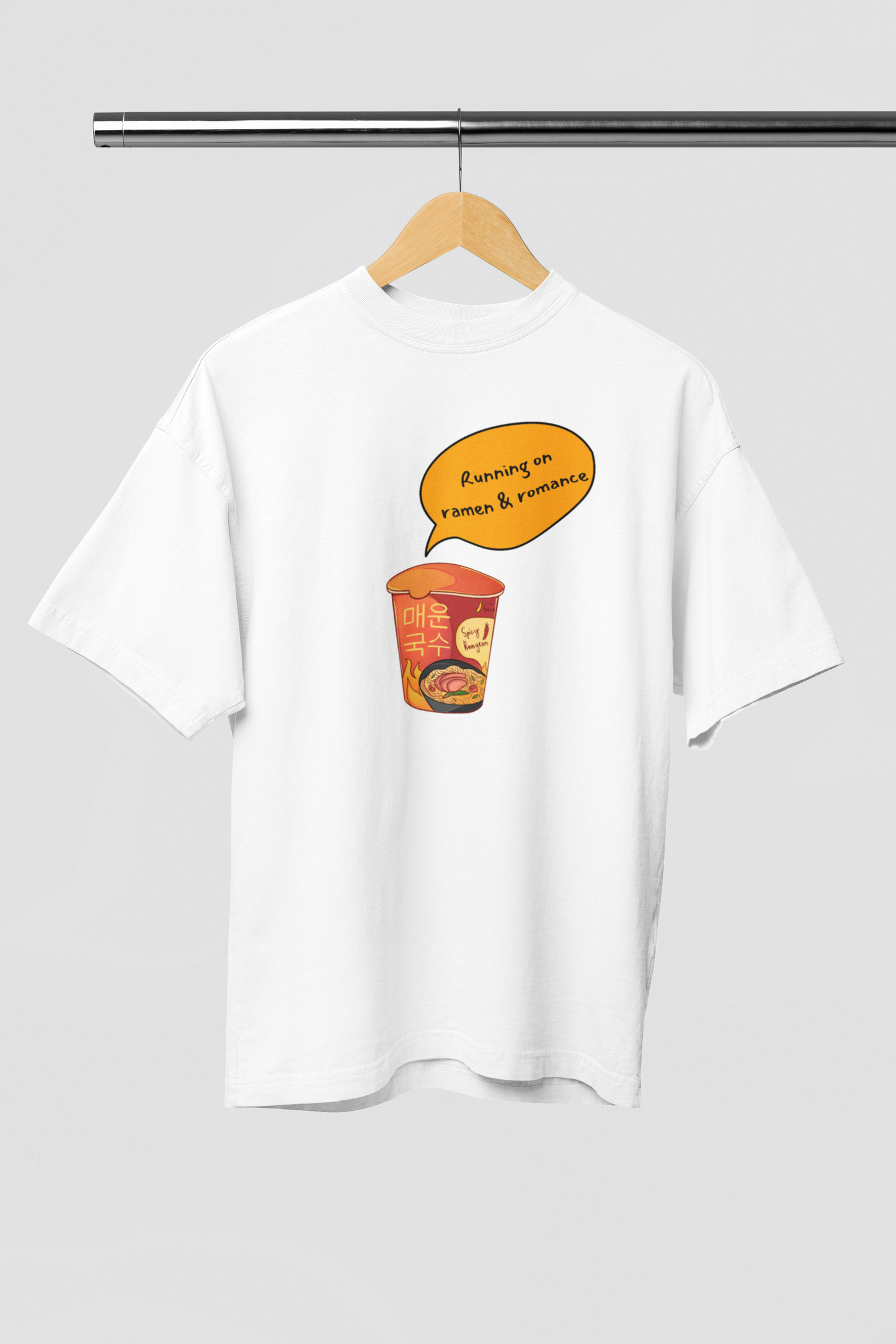 Running on Ramen & Romance White Oversized Fit Unisex T-Shirt