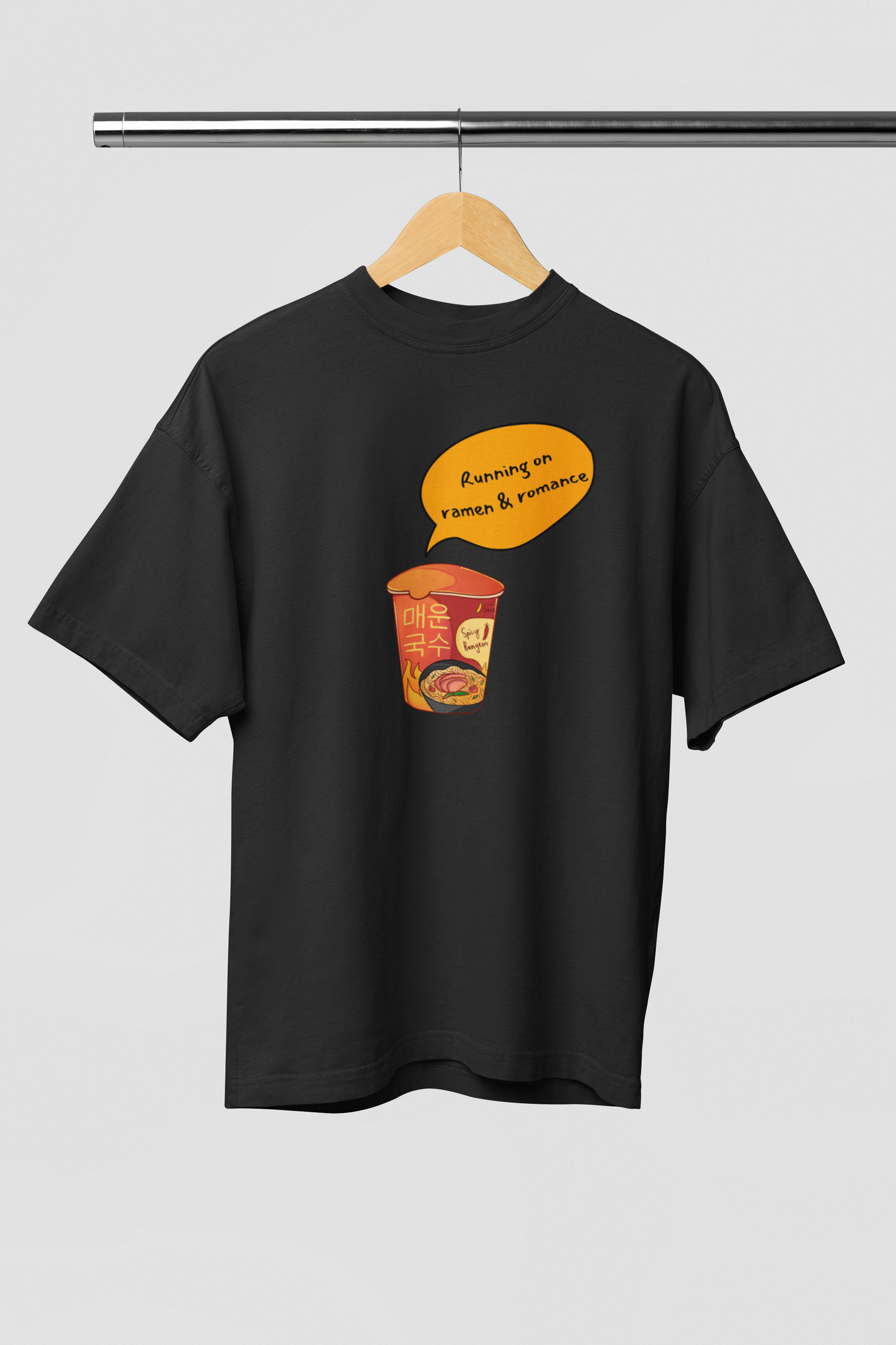 Running on Ramen & Romance Black Oversized Fit Unisex T-Shirt
