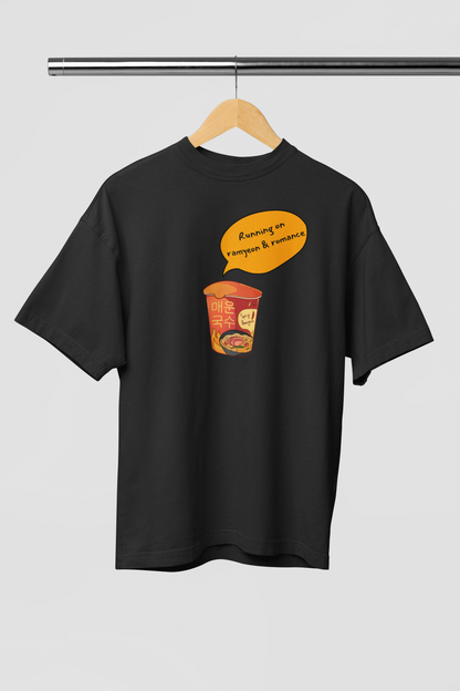 Running on Ramyeon & Romance Black Oversized Fit Unisex T-Shirt
