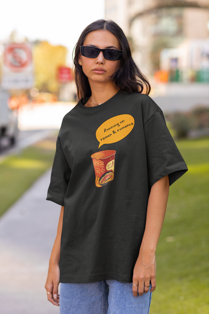 Running on Ramen & Romance Black Oversized Fit Unisex T-Shirt