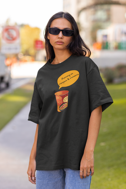 Running on Ramyeon & Romance Black Oversized Fit Unisex T-Shirt