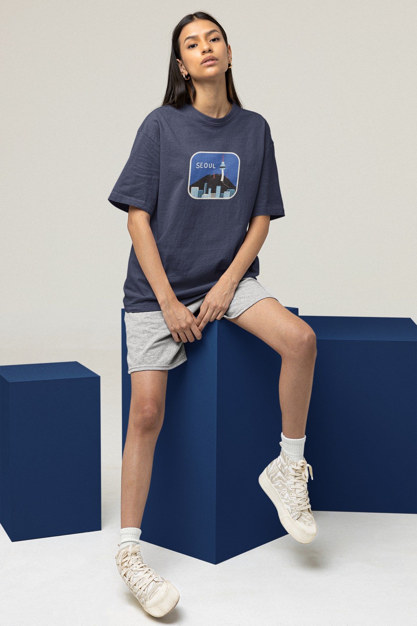 Seoul Navy Blue Oversized Fit Unisex T-Shirt