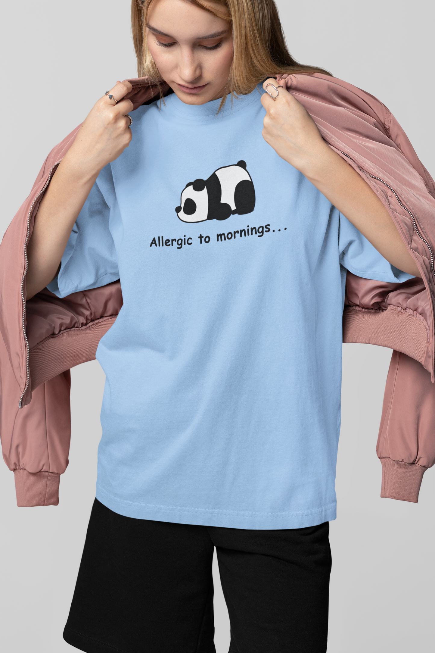 Allergic to mornings Baby Blue Oversized Fit Unisex T-Shirt