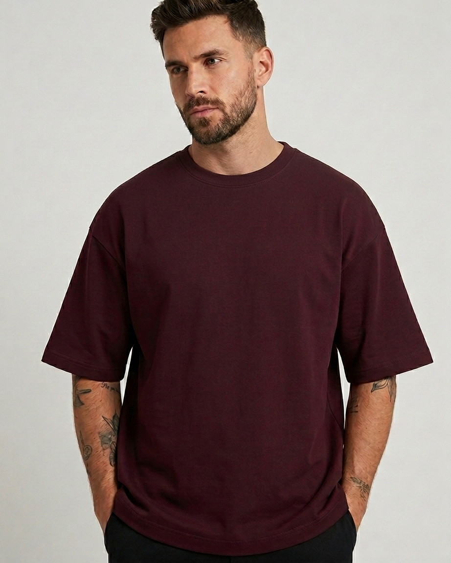 Maroon Oversized French Terry Cotton T-Shirt
