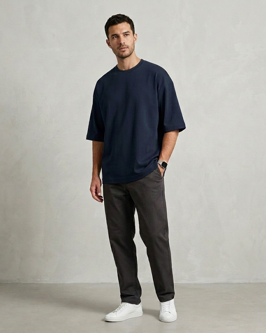 Navy Blue Oversized French Terry Cotton T-Shirt