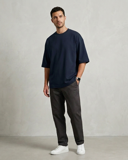 Navy Blue Oversized French Terry Cotton T-Shirt