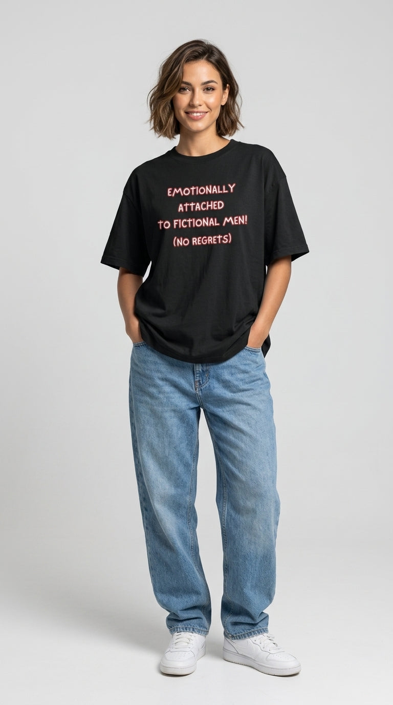 Emotionally Attached to Fictional Men Black Oversized Fit Unisex T-Shirt