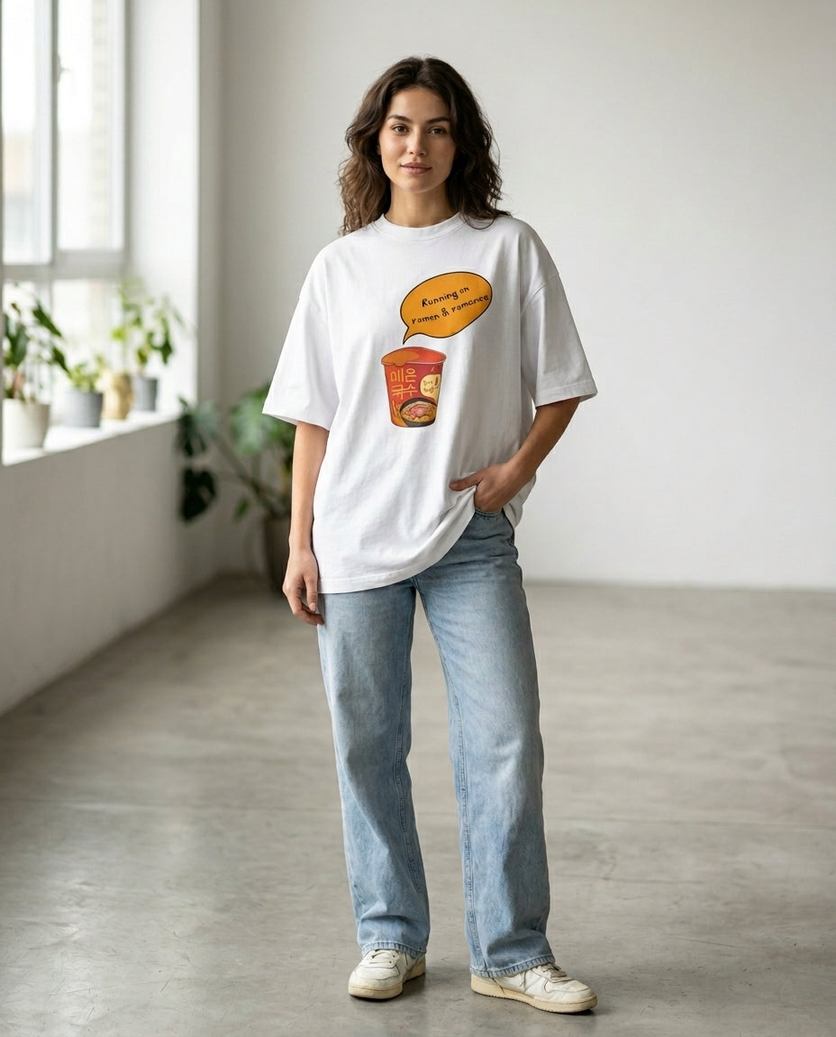 Running on Ramen & Romance White Oversized Fit Unisex T-Shirt