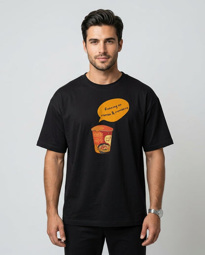 Running on Ramen & Romance Black Oversized Fit Unisex T-Shirt