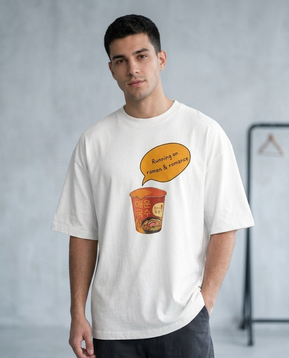 Running on Ramen & Romance White Oversized Fit Unisex T-Shirt