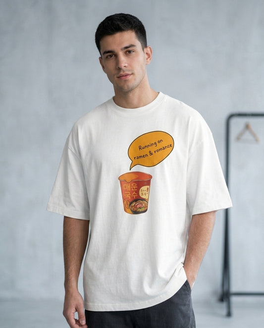 Running on Ramen & Romance White Oversized Fit Unisex T-Shirt