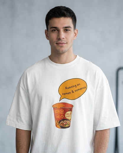 Running on Ramen & Romance White Oversized Fit Unisex T-Shirt