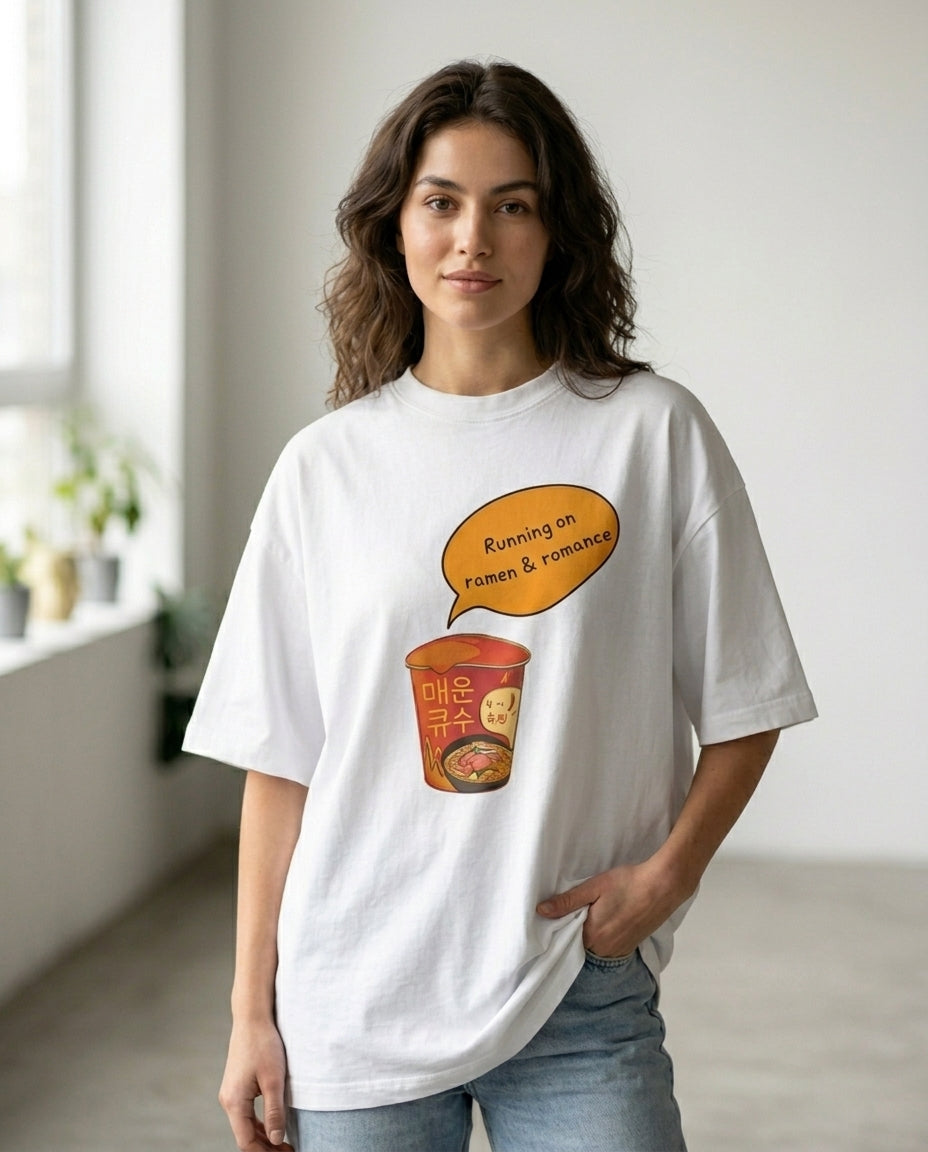 Running on Ramen & Romance White Oversized Fit Unisex T-Shirt