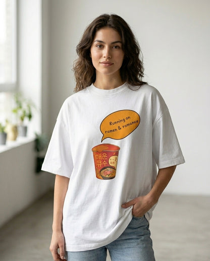 Running on Ramen & Romance White Oversized Fit Unisex T-Shirt