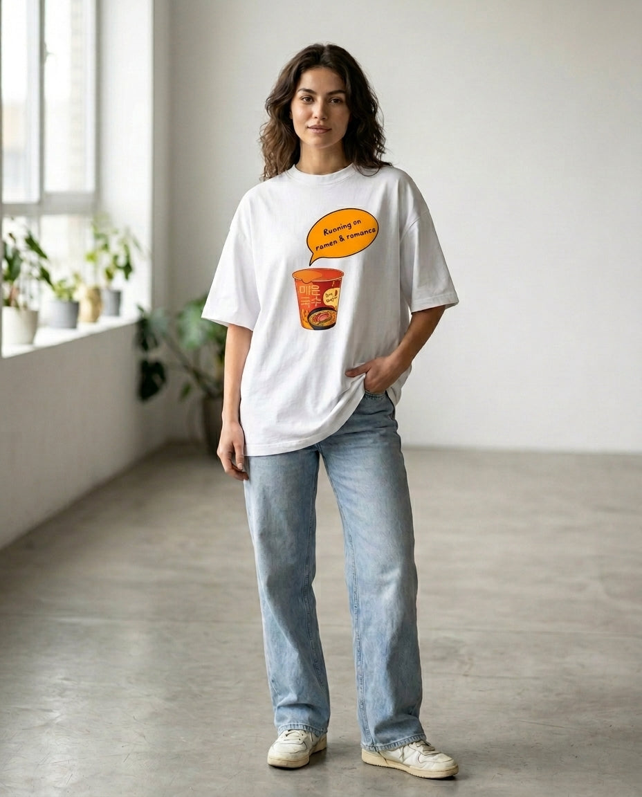 Running on Ramen & Romance White Oversized Fit Unisex T-Shirt