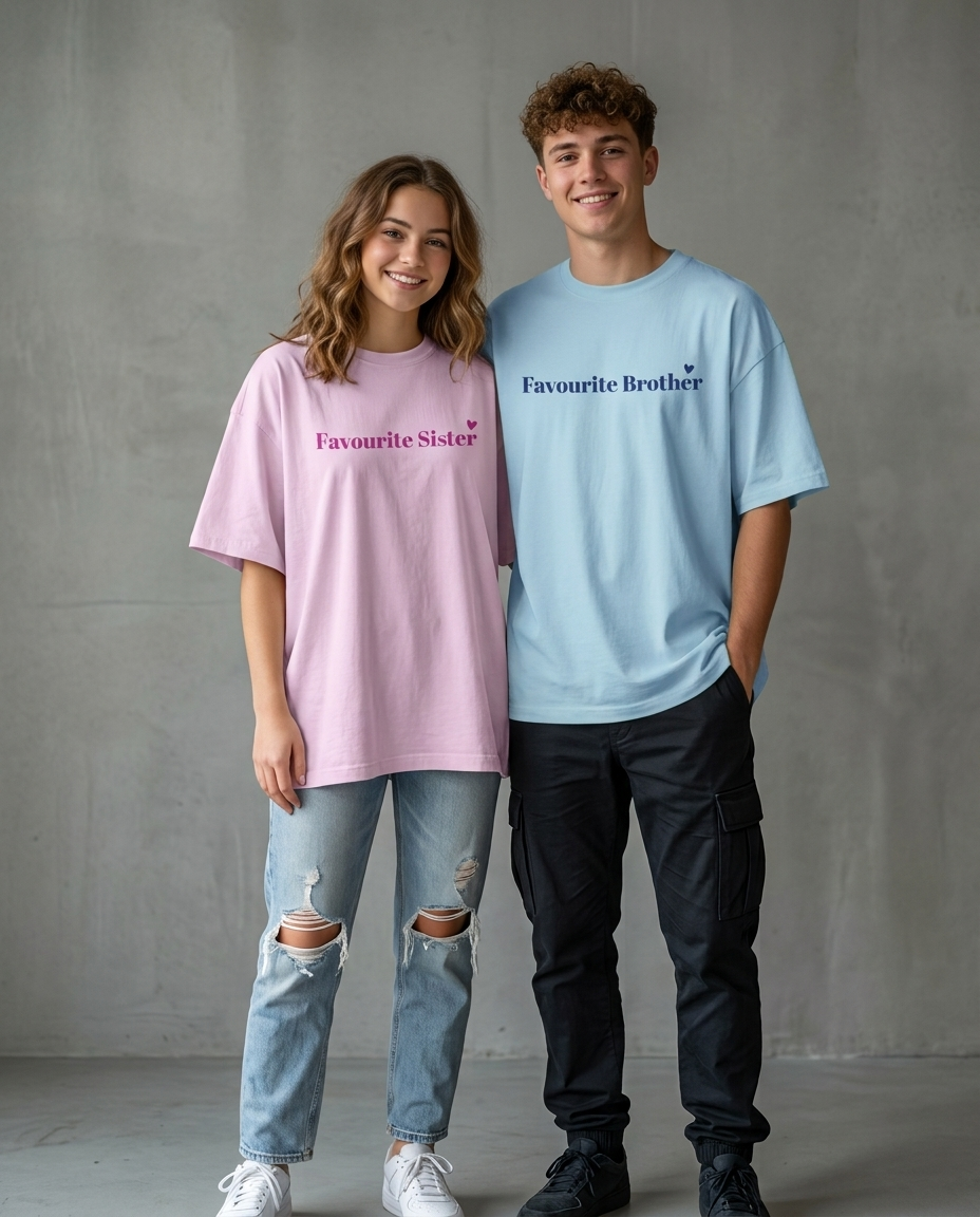 Favourite Brother/Sister Combo - Baby Pink/Blue Oversized Fit Unisex T-Shirt