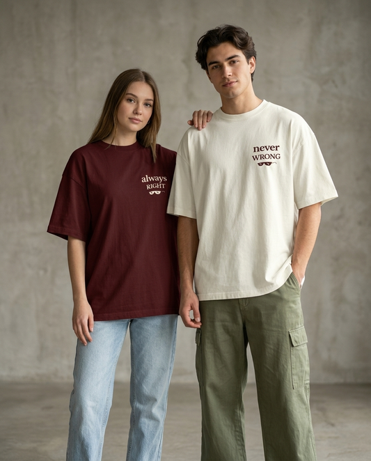 Right/Wrong Combo - Maroon/Off White Oversized Fit Unisex T-Shirt