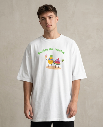 Double the Trouble White Oversized Fit Unisex T-Shirt