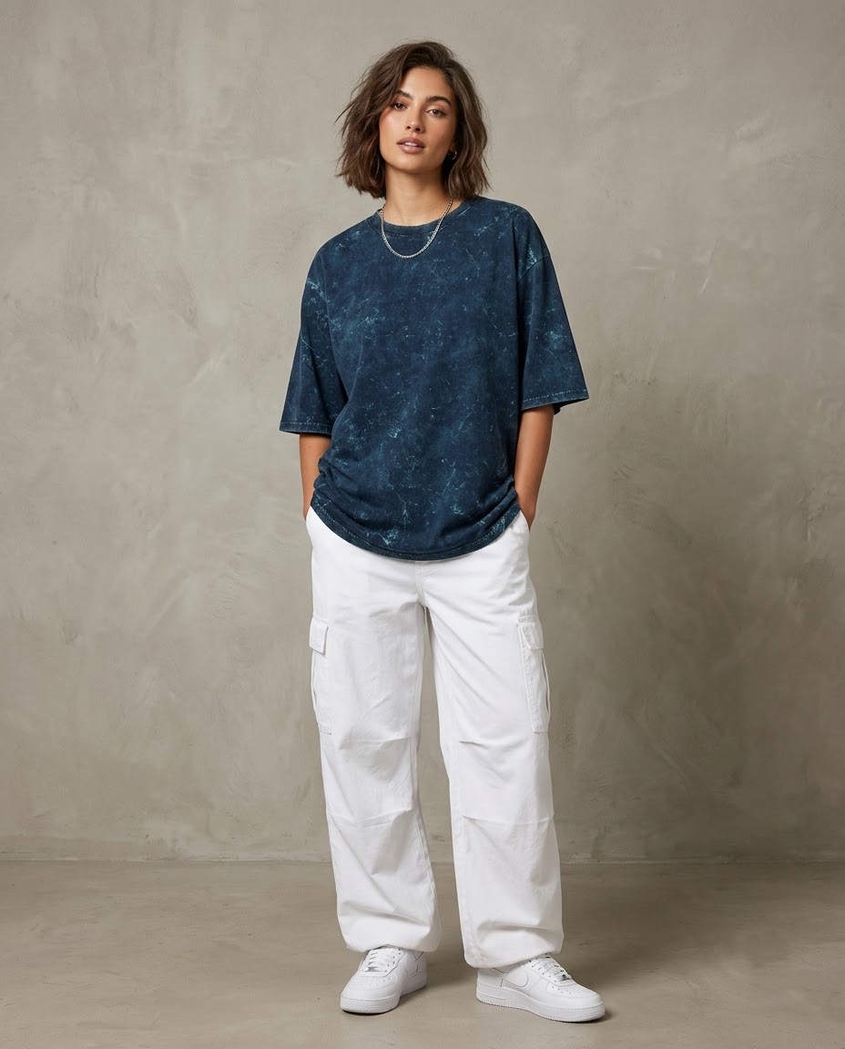 Navy Blue Oversized Acid Wash T-shirt
