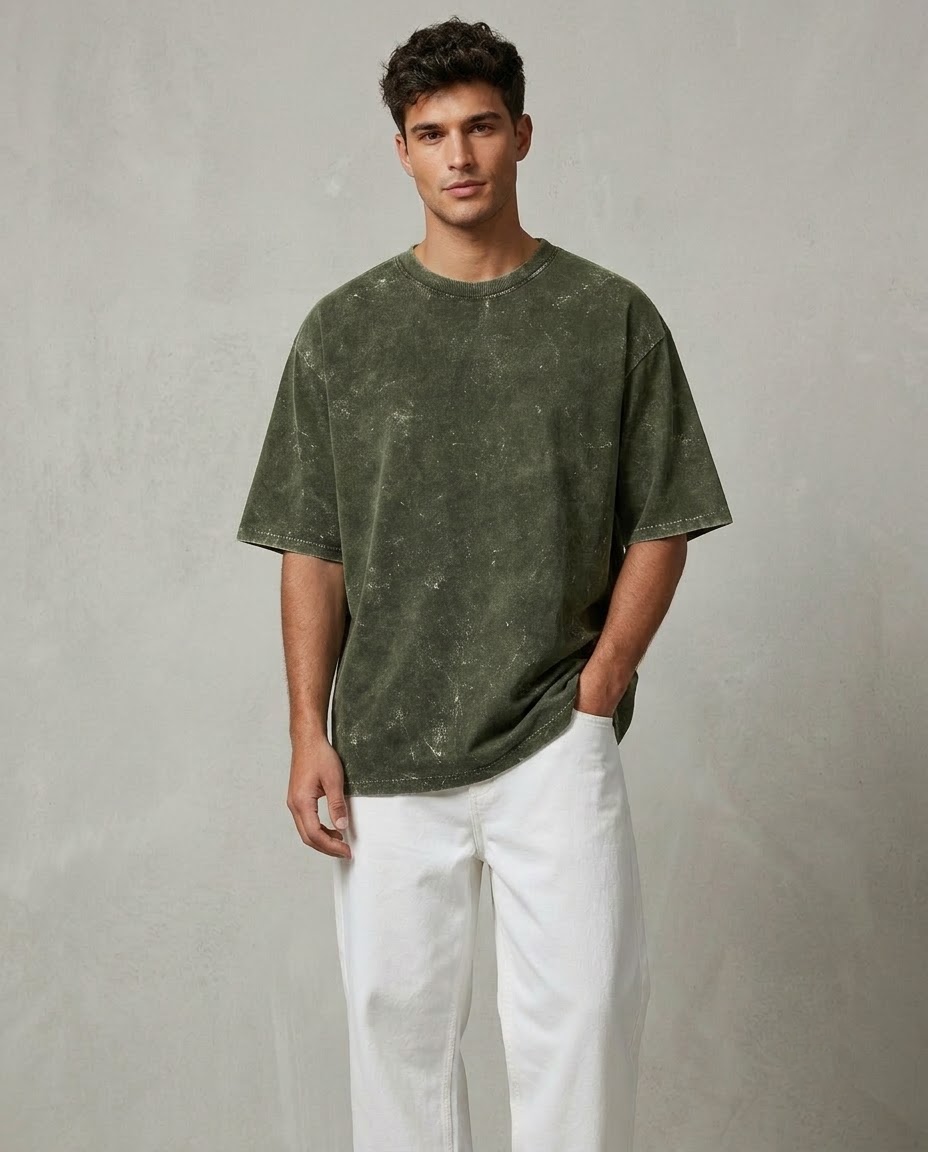 Olive Green Oversized Acid Wash T-shirt