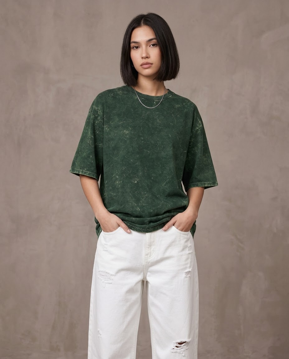 Bottle Green Oversized Acid Wash T-shirt