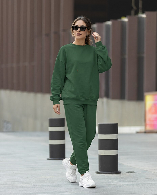 Bottle Green Solid Sweatshirts and Joggers Co-Ord Set for Women