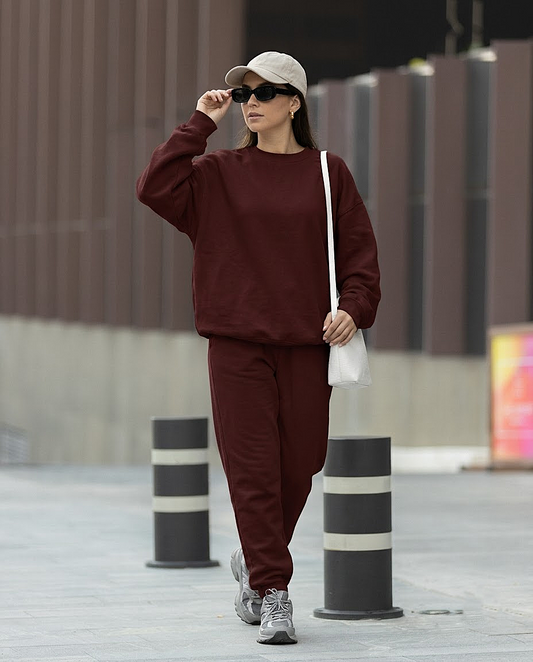 Maroon Solid Sweatshirts and Joggers Co-Ord Set for Women