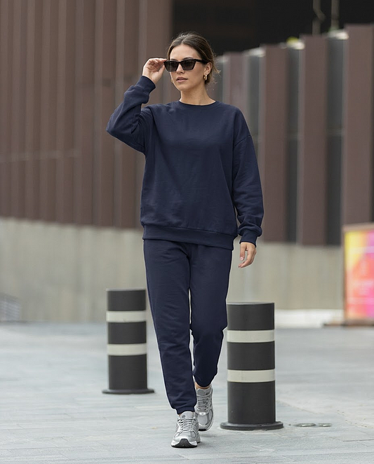 Navy Blue Solid Sweatshirts and Joggers Co-Ord Set for Women
