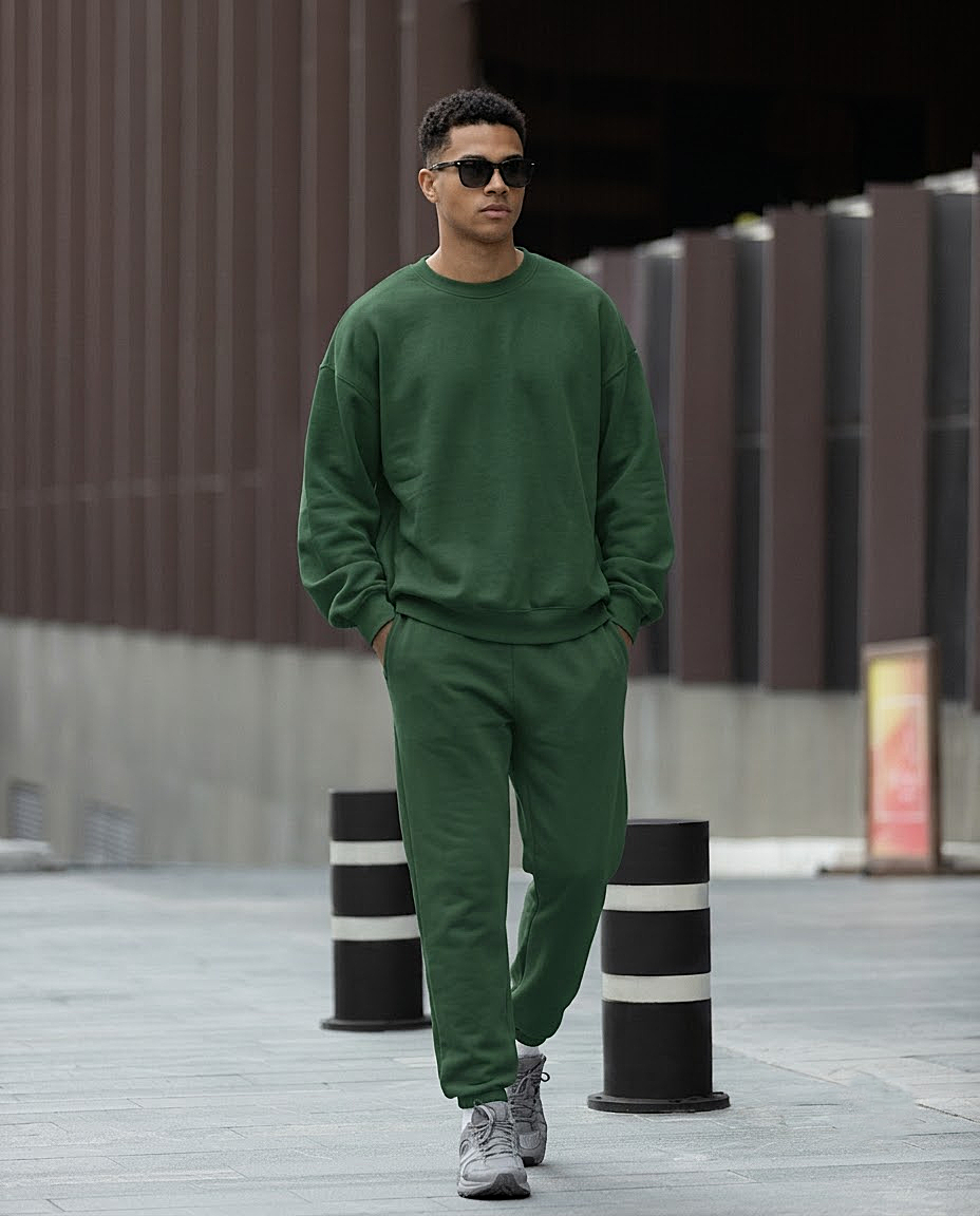 Bottle Green Solid Sweatshirt and Joggers Co-Ord Set for Men