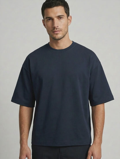 Navy Blue Oversized French Terry Cotton T-Shirt