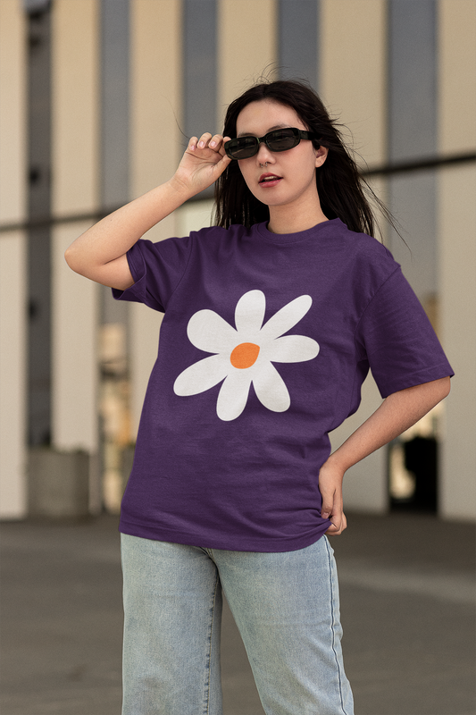 White Flower Purple Oversized T-Shirt