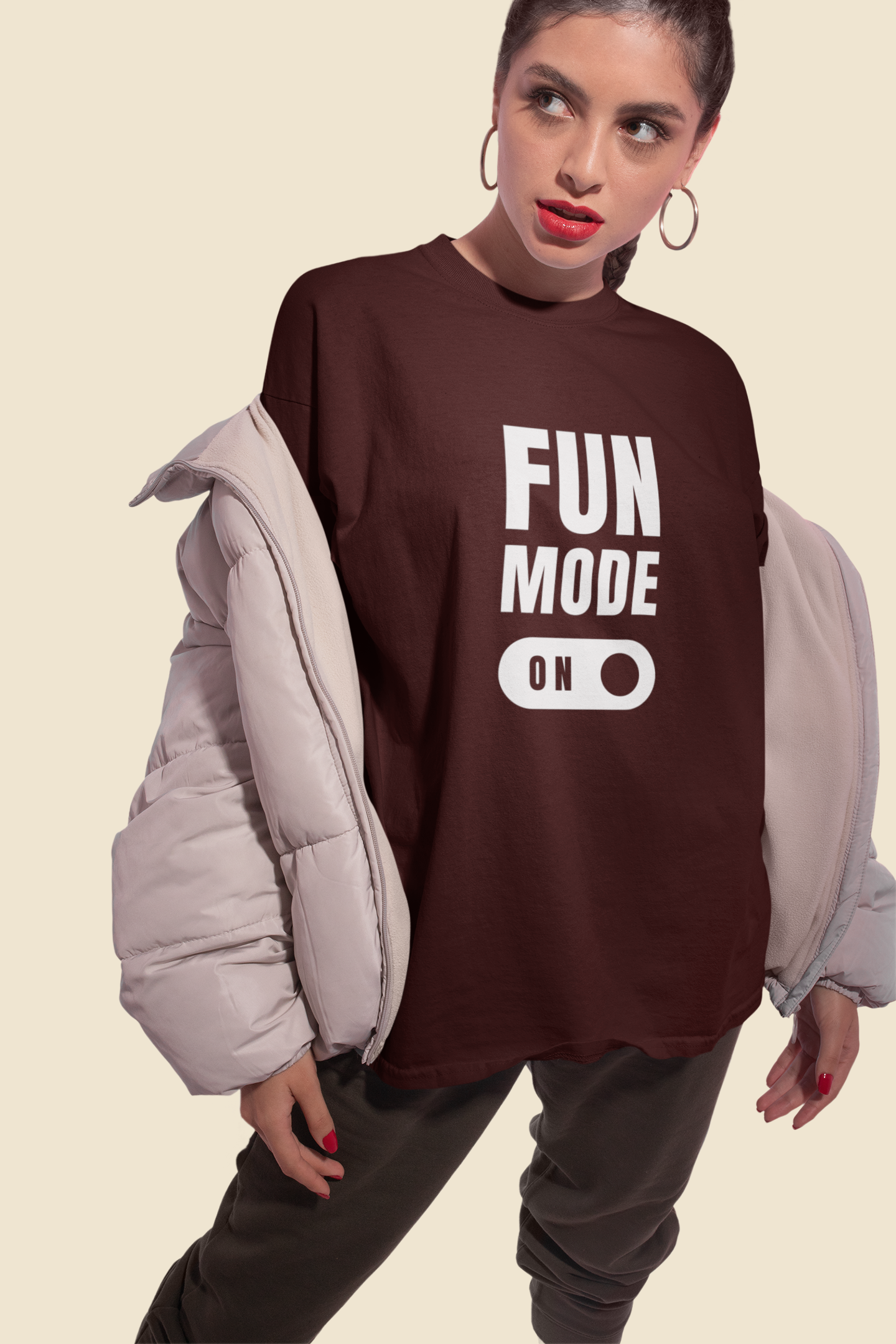 Fun Mode On Maroon Oversized Fit Unisex T-Shirt