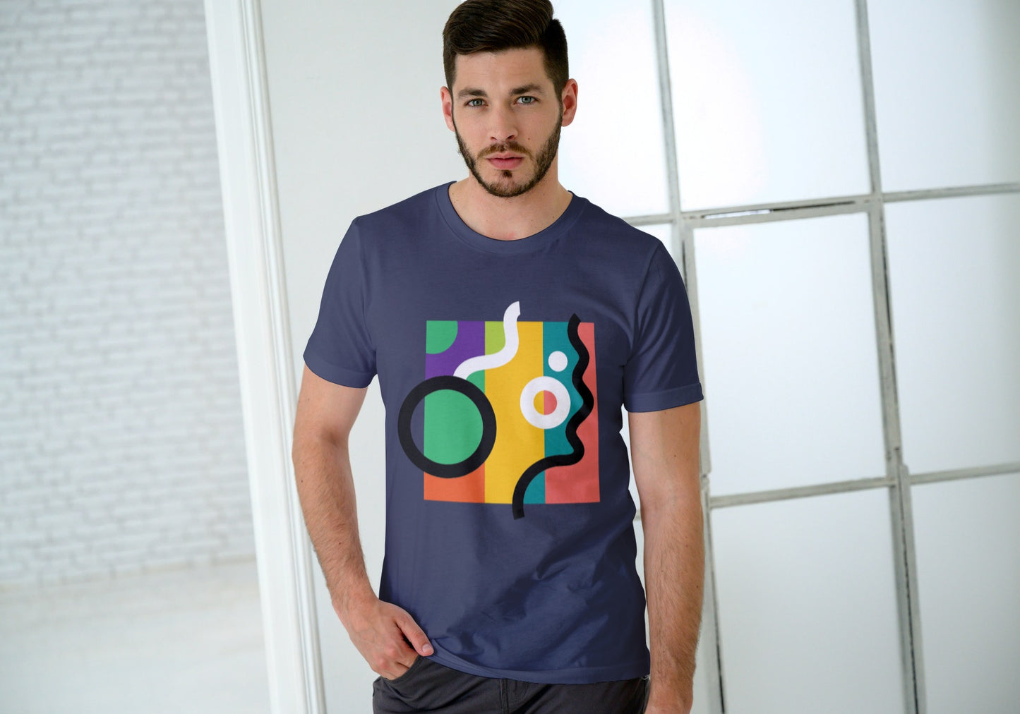 Abstract Colour Block Navy Blue Regular Fit Men’s T-Shirt