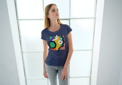 Abstract Colour Block Navy Blue Regular Fit Women’s T-Shirt