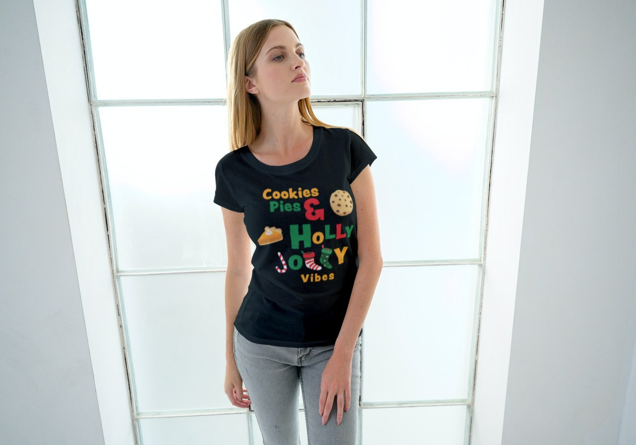 Holly Jolly Vibes Black Regular Fit Women’s T-Shirt